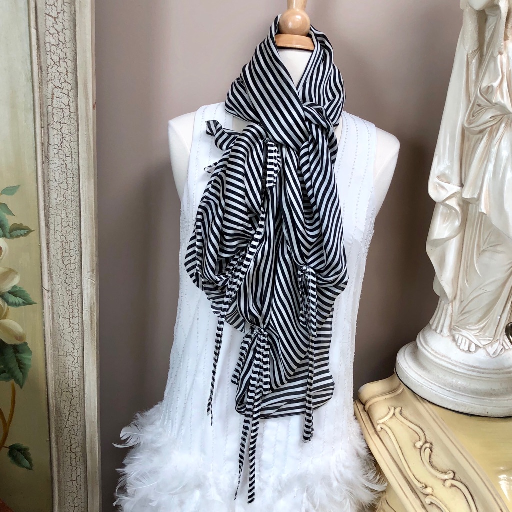 Auth Giorgio Armani Black White Striped Silk Scarf